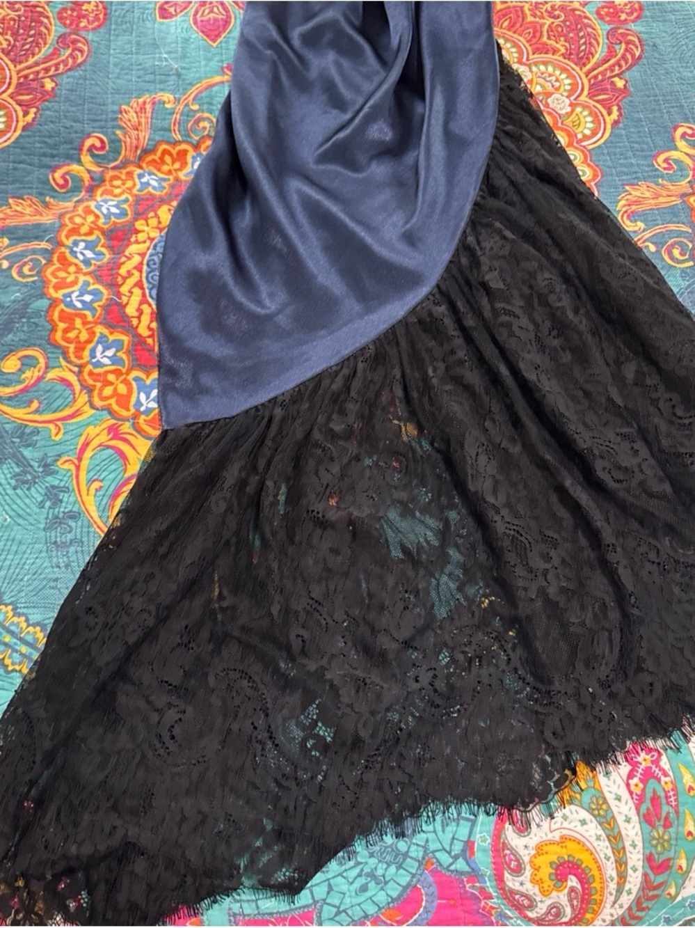 Navy Satin Wrap Dress with Lace Hem - Picture 4 of 6